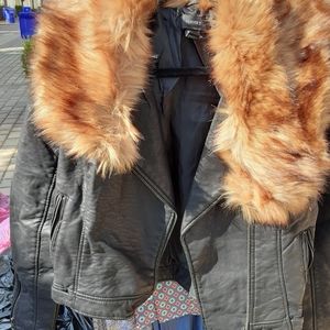 Faux leather black fur jacket large